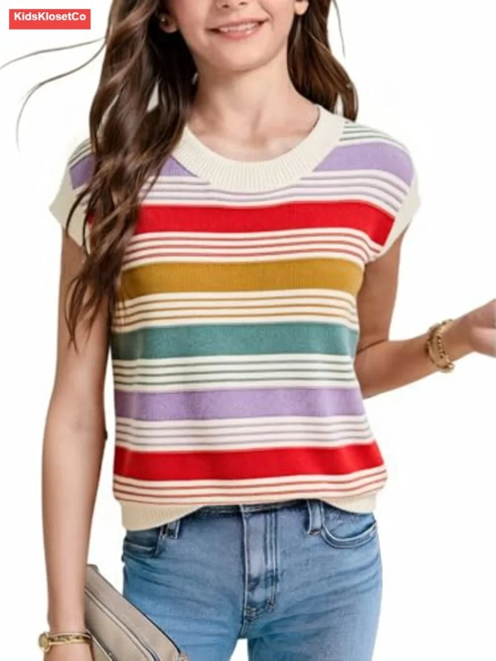 Girls Knit Sweater Vest Striped Cap Sleeve Tween Outfits School